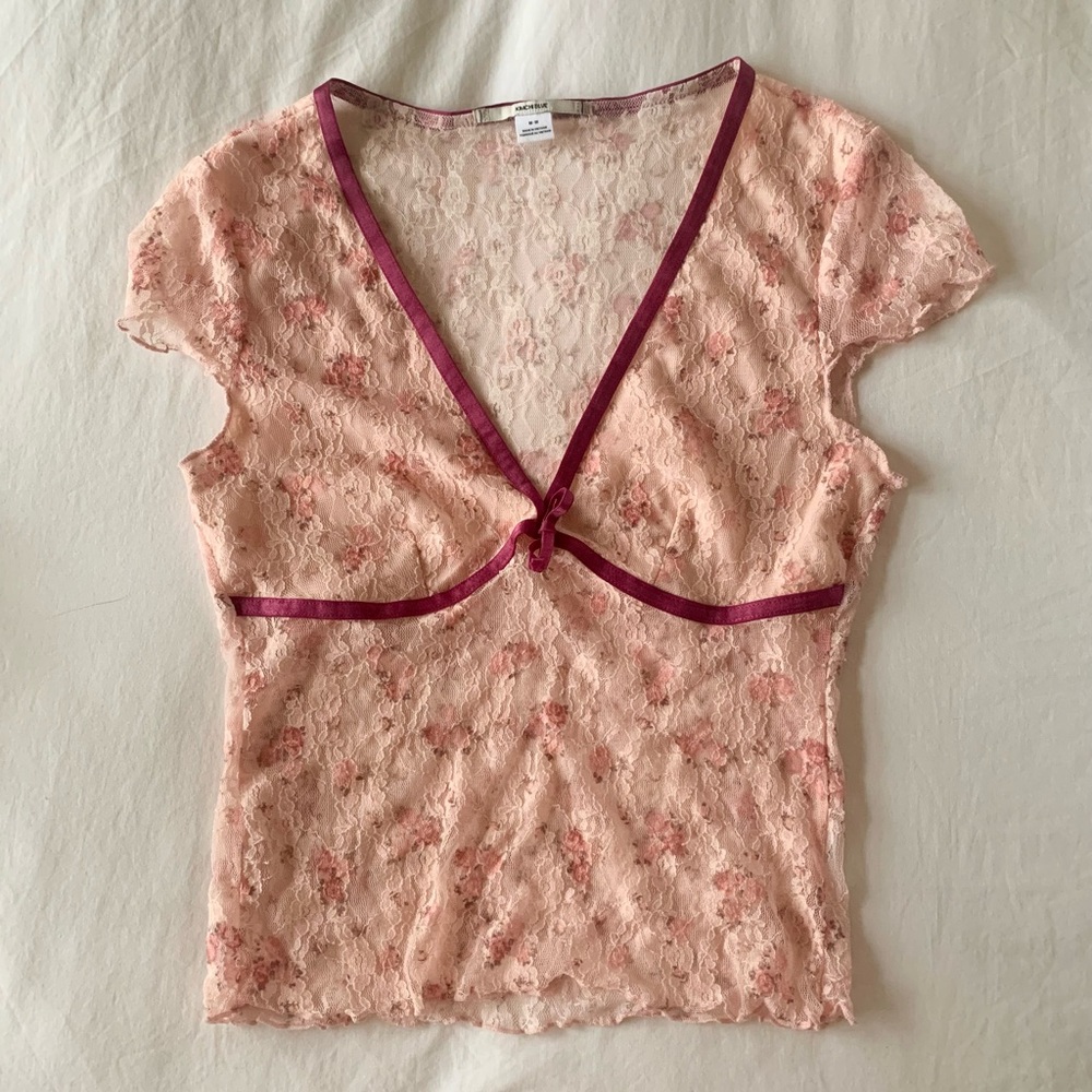 Pink Lace Top with Burgundy Trim